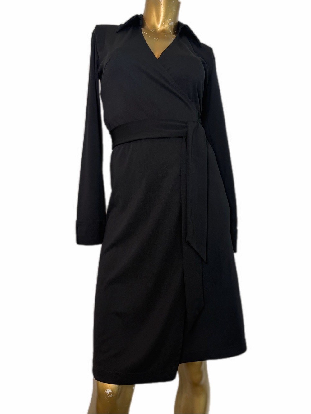 Y2K Vintage Express Black Collared Long Sleeve Polyester Wrap Dress size 3/4